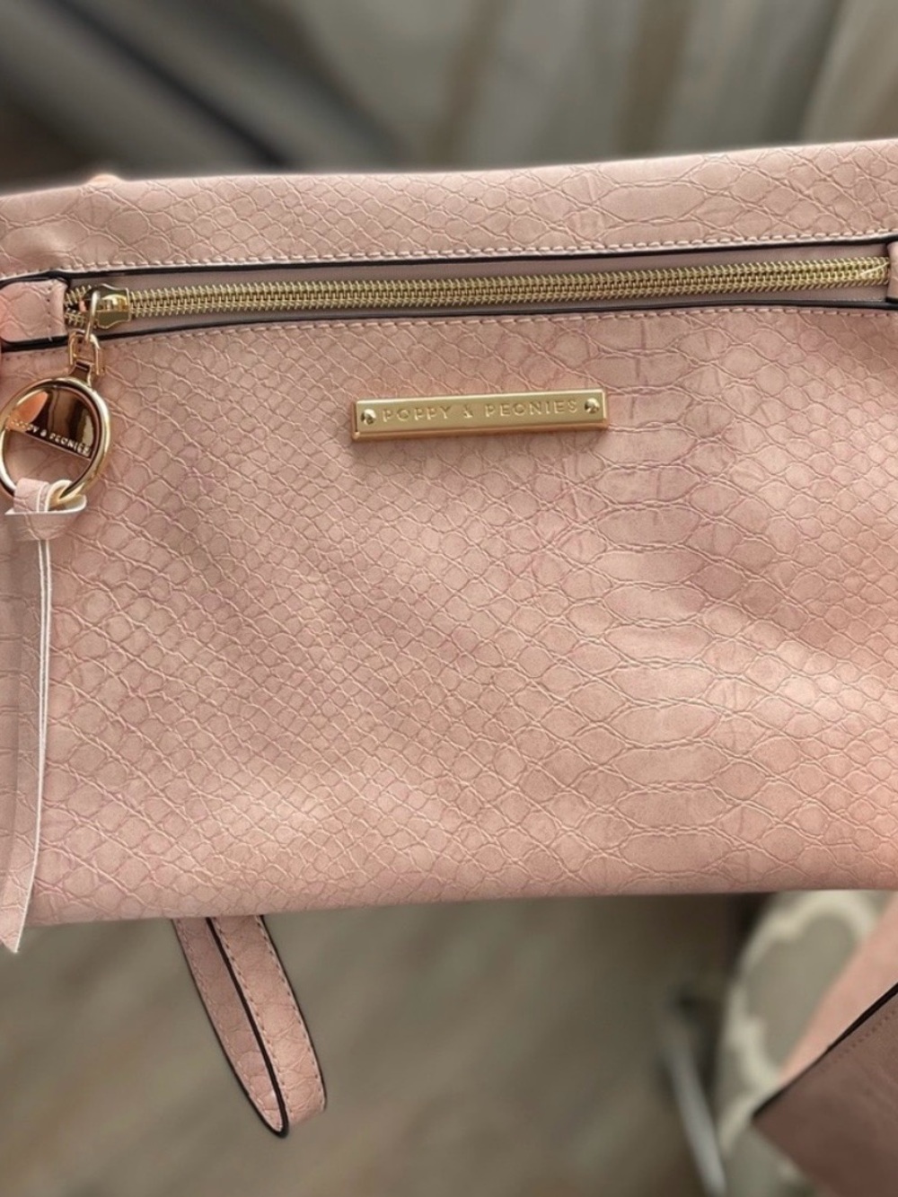 Poppy & Peonies Croc-Embossed Blush Pink Wristlet with Gold Hardware